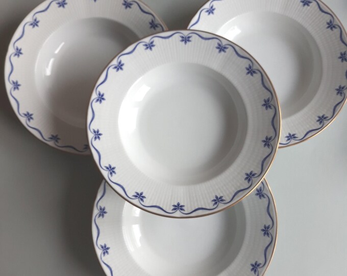 Rorstrand Sweden. Porcelain Soup Plate Pattern Mårbacka. White Base with Blue Decor. Gilded Edge. Design Pia Rönndahl. Vintage Swedish China
