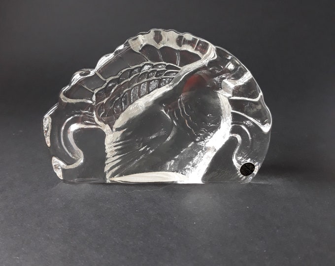 Vintage Konst Glashyttan Urshult Sweden Crystal Glass Paperweight with Turkey Relief. Original Label Intact. A Good gift for Thanks Giving.
