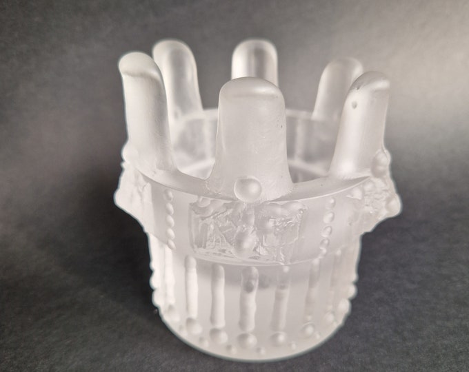 Reijmyre Sweden Frosted Crystal Glass Tealight Holder. Heavy Icy Matte Glass Viking Crown Tealight Holder in Brutalist Style. Swedish Design