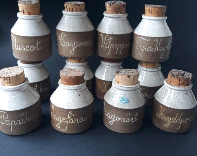Set of 12 Vintage Swedish Studio Pottery Spice Jars Canisters with Cork Lids. Hand Made in Sweden. Authentic Scandinavian Style.