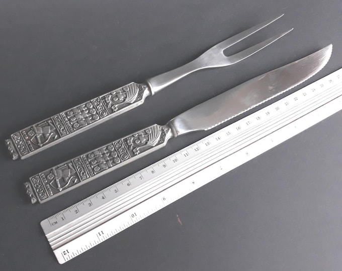 Norwegian Pewter Konge Tinn Flatware. Scandinavian MCM Style. Meat carving Utensils. Pewter, Stainless Steel. Motif tribute to King Olaf.
