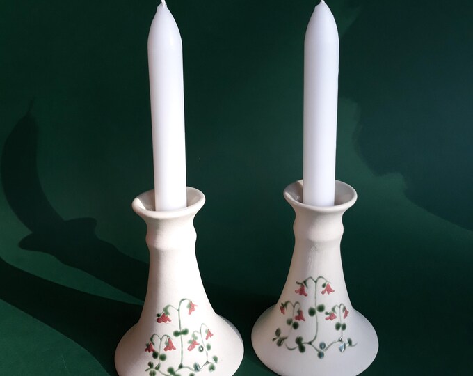 Gabriel Sweden Stengods. Pair of Stoneware Candle Holders. Beautifully Hand Painted with Linnea Flowers. Made in Sweden. Pottery from 70s.