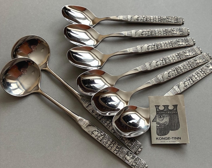 Norwegian Pewter Konge Tinn Flatware. Scandinavian Modern Style. 6 Spoon Set. Pewter & Stainless Steel. Unique Motif tribute to King Olaf.