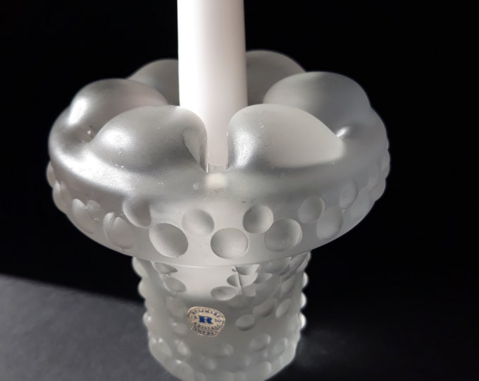 Reijmyre Sweden Modernist Style Design Frosted Crystal Glass Candle Holder. Massive Heavy Piece. Original Label. Cool Swedish Vintage Glass.