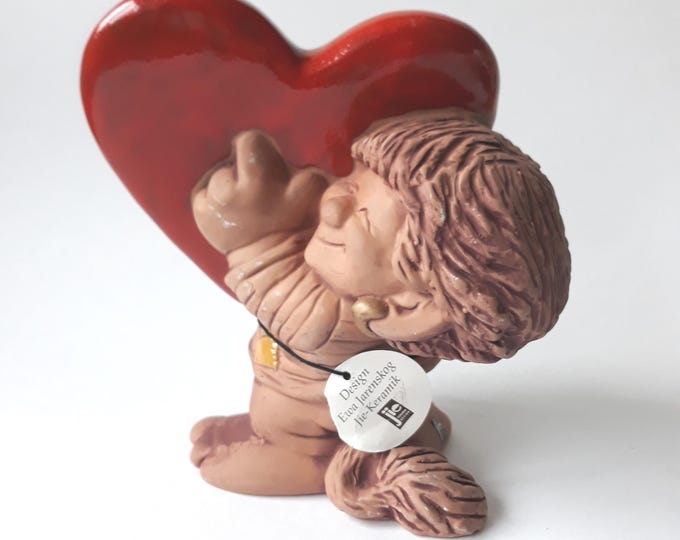 Jie Keramik Sweden Ceramic Figurine. Troll with Large Red Heart. Design by Ewa Jarenskog. Original Label. Marked. Swedish Home Dekor.
