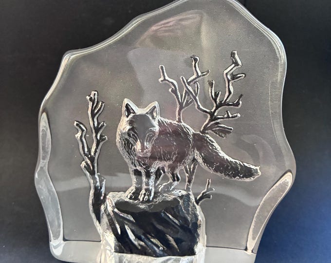 Bergdala Sweden Heavy Crystal Glass Paperweight Sun Catcher with Wolf or Fox under the Tree. Scandinavian Vintage  Glass Home Decor.