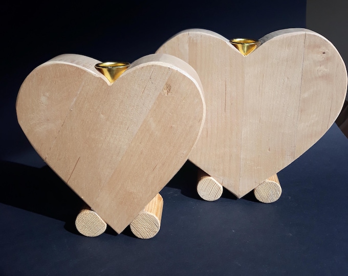 Set of 2 Heart Shaped Wooden Candle Holders with Metal Inserts. Hand Made. Swedish Home Decor.
