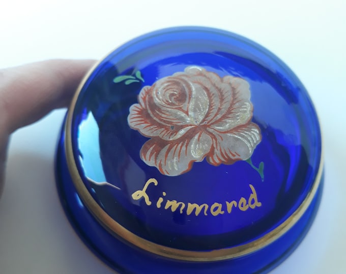 Kosta Sweden Cobalt Blue Glass Vintage Trinket Dish with Transfer Rose Picture on Top. Gilded Circles. Original Label. Swedish Glass.