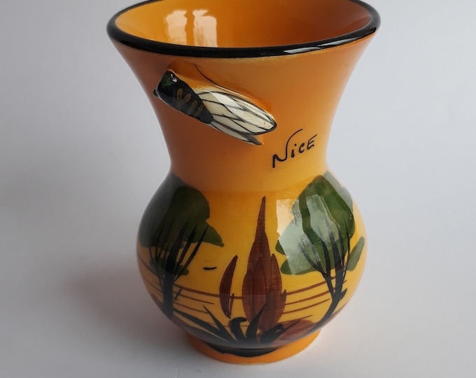 Creation Albert Ferlay Vallauris Small Ceramic Vase with Raised Cicada. Original Handmade Pottery from France Nice. Lovely Piece from 50s.