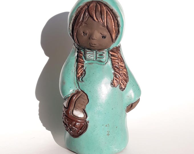 Elbogen Keramik Malmö Sweden Pottery from Mid Century. Girl Figurine in Aqua Coat. Beautiful 60s Vintage Art Pottery Figurine. Marked.