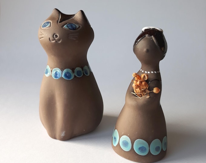 Tilgmans Sweden Ceramic Cat or Girl Figurine. Brown Matte with Glossy Blue Glaze Decoration. Vintage Swedish Pottery. Mid Century Modern.