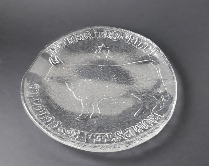 Vintage Pukeberg Sweden Textured Crystal Glass Steak Serving Plate. Design by Eva Englund. Scandinavian Heavy Serving Plate with Bull Relief