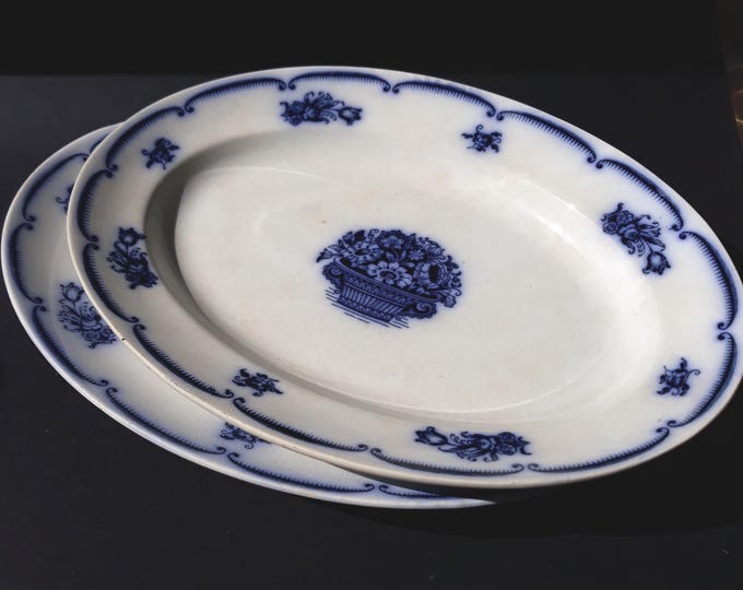 One Gustavsberg Sweden Antique Gefion Pattern Oval Serving Plates. Flow Blue Floral Plater. Kiln Marks. Crazing. Swedish Bone China. Marked.