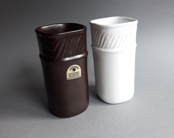 A Pair of Stengods Hoganas keramik Sweden Stoneware Vases. Glossy White and Matte Brown Glaze Colour Vases. Square Shape. Vintage Pottery.