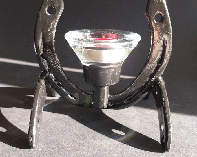 Swedish Horseshoe Black Metal Candle Holder with Not Removable Glass Tealight Cup. Scandinavian Mid Century Modern Brutalist Candle Holder.