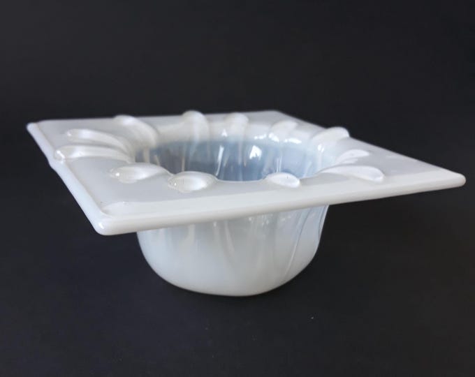 Small Round Glass Bowl with Square Edge. Clear and Opal Tone Colour Glass. Beautiful Art Glass Piece. Signed.