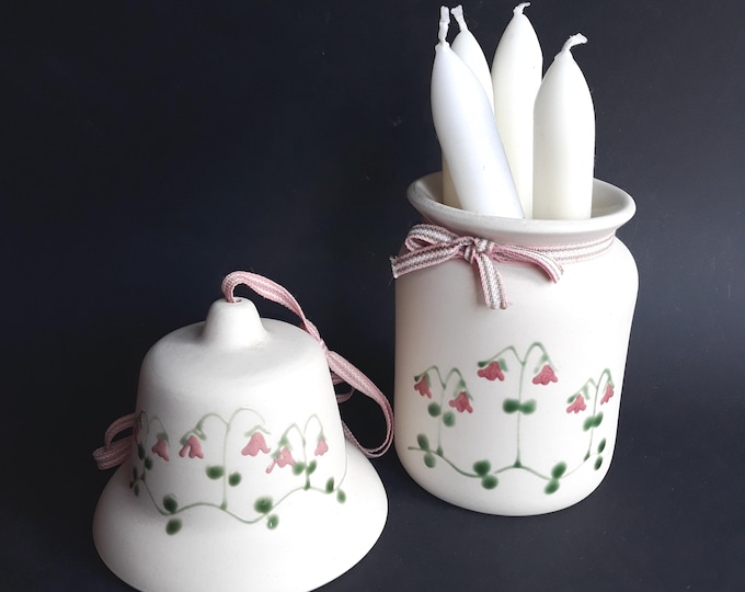 Set of 2 Hoganas Sweden Stoneware Items with Glazed Hand Painted Linnea Flower Decoration. Bell and Jar.