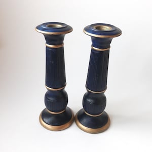 Pair of Swedish Hand made Ceramic Candlesticks from Ulvo Island. Dark Blue Colour with Gilding. Original Label Intact.