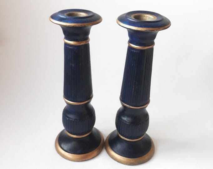 Pair of Swedish Hand made Ceramic Candlesticks from Ulvo Island. Dark Blue Colour with Gilding. Original Label Intact.