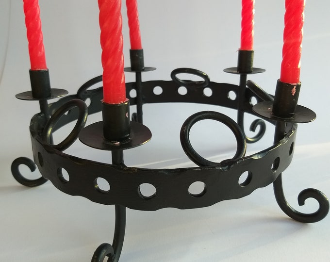 Swedish Forged Metal Candlestick on Feet for Five thin Candles. Circle Decoration. Painted Black. Scandinavian Design Handmade Metal Art.