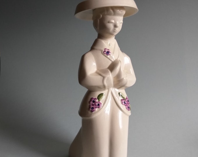 Rosa Ljung Deko Keramik Helsingborg Sweden. Cream Colour Ceramic Sculpture Lady with Hat. Flower Relief Pattern. Swedish Vintage Home Decor.