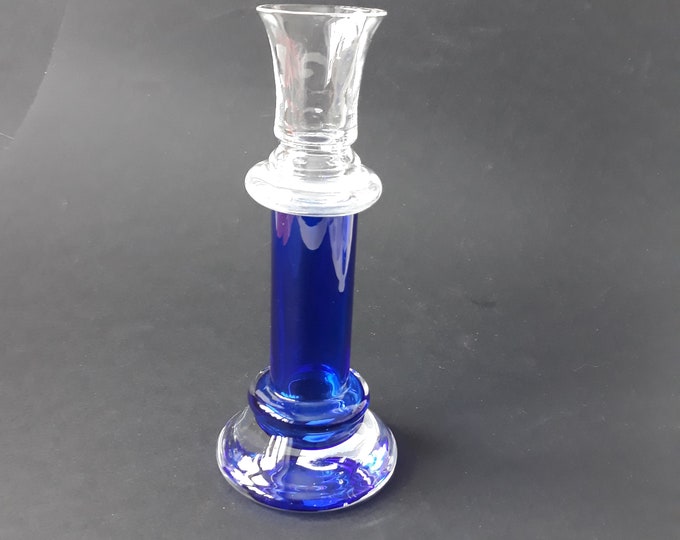 Vintage SEA Glasbruk Sweden Crystal Glass Candlestick Holder in Clear and Cobalt Blue Colour. Original Label Intact. Swedish Art Glass.
