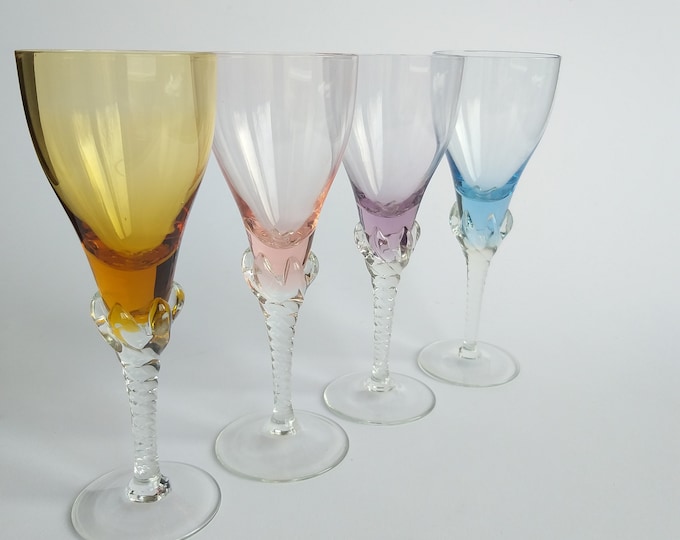 Set of4 Beautiful Vintage Czech Stemmed Glasses. Pastel Colours - Amber, Peach, Violet, Blue. Twisted Stems. Hand blown. Wine Glasses.