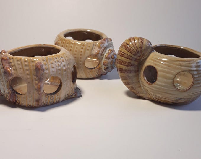 Set of 3 Beautiful Ceramic Hand Made Tea Light Holders, Votives in Shape of Sea Shells in Beige, Brown Colour Tones. Beach Style Home Decor.