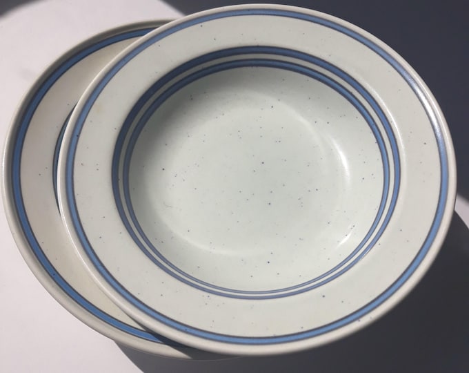 One Vintage Gustavsberg Deep Plate, Bowl in Dart Pattern. Hand Painted. Design by Stig Lindberg. Blue Stripes. Marked.
