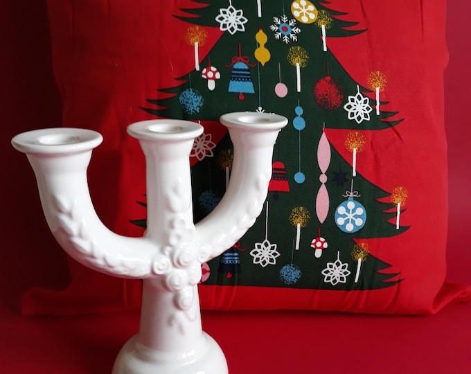 Rosa Ljung Sweden. Three Arm Ceramic Candle Holder Candelabra. White Colour Glaze with Rose Flower Relief Decor. Vintage Swedish Pottery.