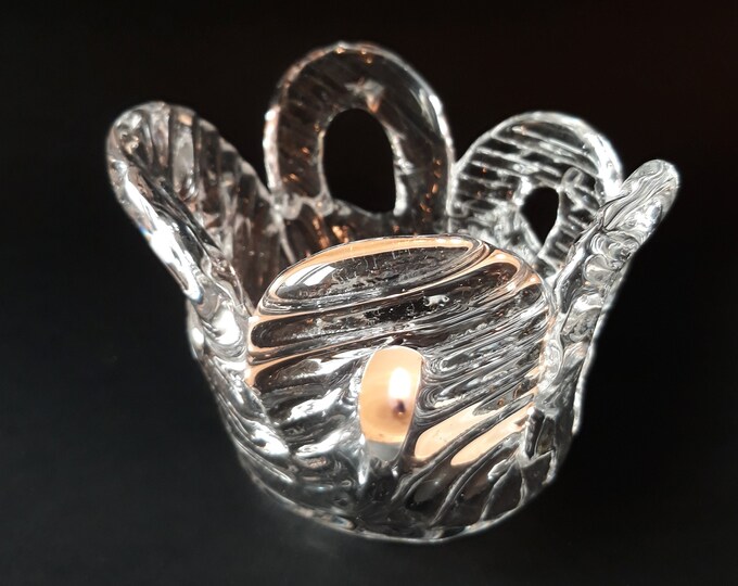 Unique Vintage Bergdala Glassworks Sweden Crystal Glass Bowl, Tealight Holder. Designed Handmade by Elving Conradsson. Swedish Art Glass.