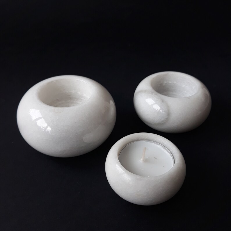 Three Vintage Marble Tea Light Holders. Round White Grey Marble Candle