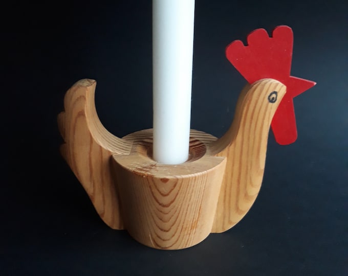 Vintage Swedish Wooden Rooster Candleholder. Natural Wood. Hand Made in Sweden. Coms with Candle.