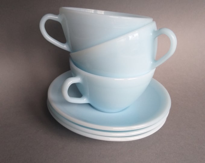 Vintage Duralex Light Blue Opaline Glass Tea Cup with Saucer  from 1960s. Made in France. Quality and Durable Tea or Coffee Set.