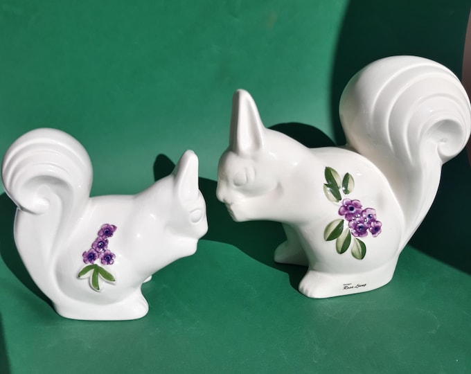 Rosa Ljung Sweden Vintage Ceramic Squirrel Sculpture Figure. Classic White Glaze with Purple Floral Design. Great Swedish Christmas Decor.
