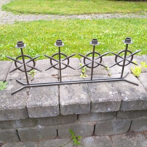 Long Ornamented Swedish Forged Iron Candleholder for Four Candles. Vintage Metal Art. Marked Made in Sweden. Patina. Modernist Style.