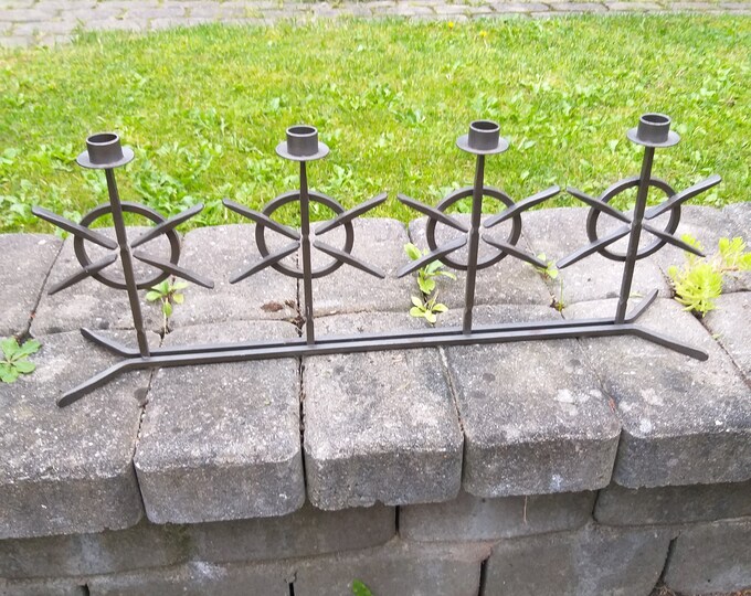 Long Ornamented Swedish Forged Iron Candleholder for Four Candles. Vintage Metal Art. Marked Made in Sweden. Patina. Modernist Style.