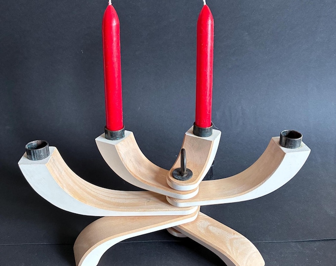 Design Stockholm House. Wooden Candle Holder in Off White, Beige Colours with Metal Details. Modern Contemporary Scandinavian Design. Marked