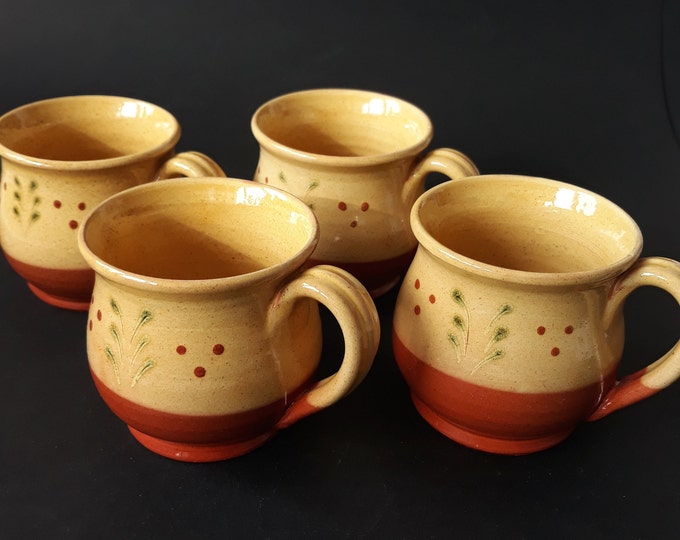 Set of 4 Billinge Krukmakeri Sweden Small Traditional Earthenware Coffee Cups with Yellow Glaze and Speckles. Handmade Swedish Art Pottery.