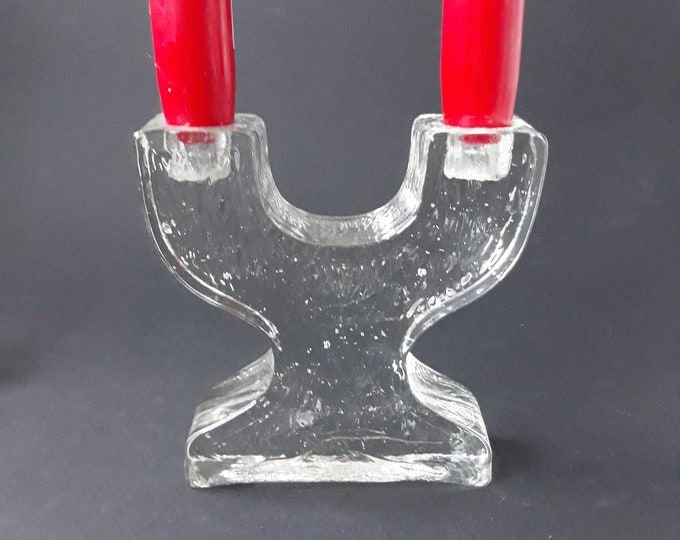 Vintage Pukeberg Sweden Crystal Clear Textured Candleholder for Two Candles. Thick and Heavy Glass. Swedish Home Decoration. Brutalist Style