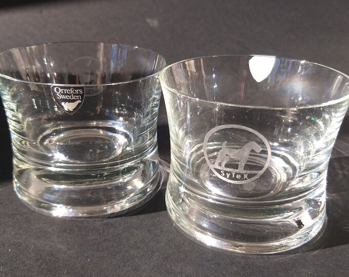 Pair of Vintage Orrefors Crystal Glass Whiskey Glasses. Original Labels Intact. The Glasses have Matte Logo SyTek, Dog Silhouette. Barware.