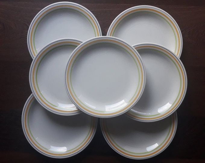 Set of Six Rorstrand Plates Sweden. Vintage Sandwich, Cake Plates. Pattern-Party 61. White with Coloured Circles around the Edge. Rare Find.