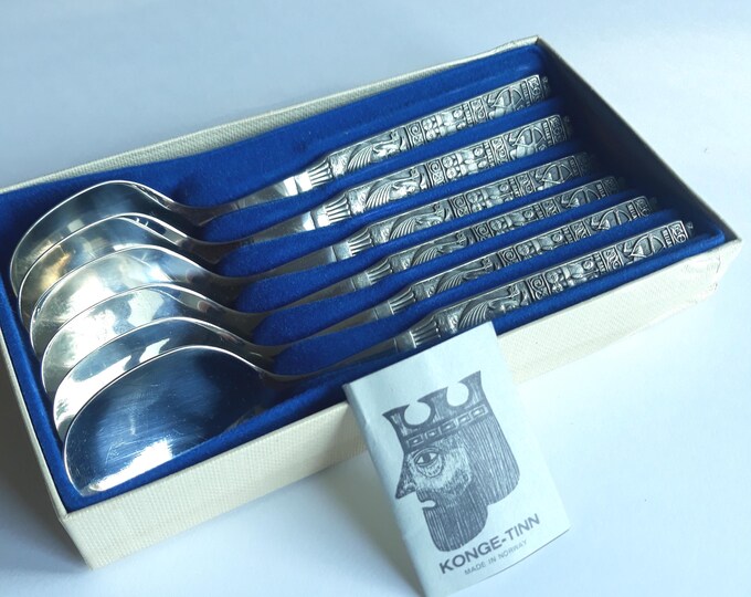 Norwegian Pewter Konge Tinn Flatware. Scandinavian Modern Style. 6 Spoon Set. Pewter & Stainless Steel. Unique Motif tribute to King Olaf.