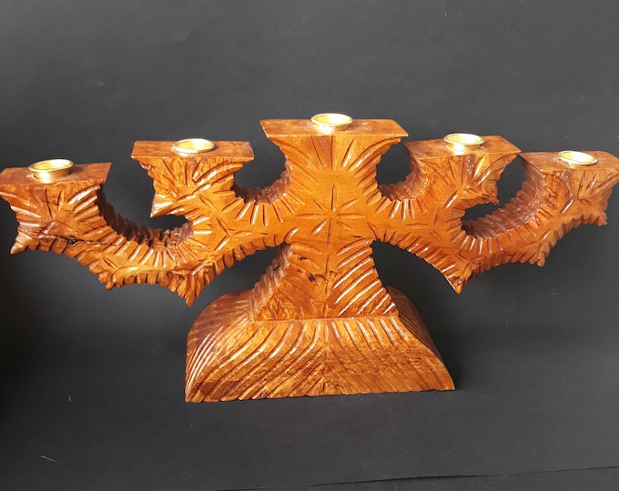 Vintage Hand Carved Wooden Swedish Candle Holder with Five Arms. Metal Inserts. Solid Wood. Scandinavian Nordic Design Home Decor 50s.