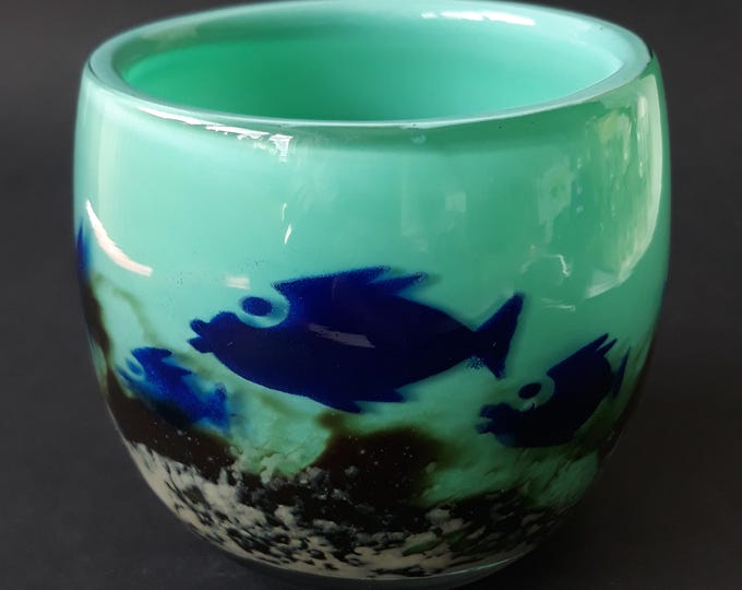 Hadeland Norway Hand Blown Art Glass Bowl. Beautiful Aqua Colour with Blue Fishes Decor. Signed by Artist SB Severin Brorby. Thick Glass.