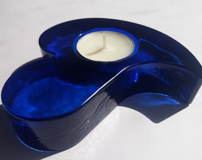 SEA Glasbruk Sweden Dark Blue Colour Crystal Glass Heart Votive Candle Holder. Cute Swedish Design Home Decoration.