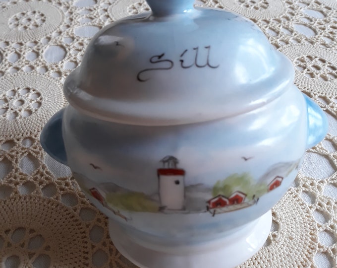 Vintage Swedish Hand Painted Faience Pot, Jar, Vessel for Herring. Sweden Marine Theme. The Work of an Artist. Will look Great on the Table.