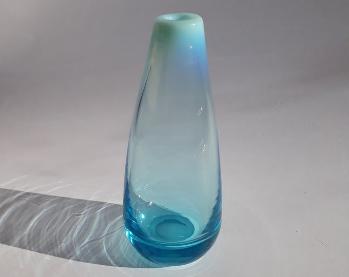 Vintage Transparent Glass Vase in Soft Blue Colour with Opaline Neck. Suitable for One Expressive Flower. Hand blown. MCM Swedish Art Glass.