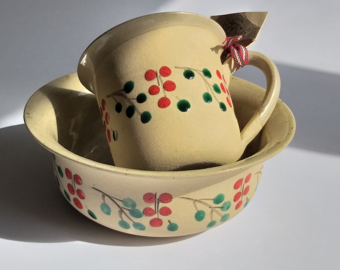 LM Keramik Sweden. Stoneware Cereal, Jam Bowl, Cup. Unglazed Outside, Orange Glazed Lingonberries. Glazed Inside. Vintage Swedish Pottery.
