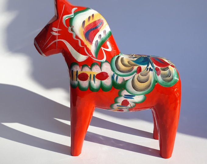 Original Dala Red 21 cm 8.26" Wooden Horse Sweden by Nils Ollson. Hand Carved Hand Painted Traditional Swedish Folk Art Design. Collectable.